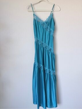 Vintage Henson Kickernick Turquoise Lace Maxi Slip Dress Petite S USA Made